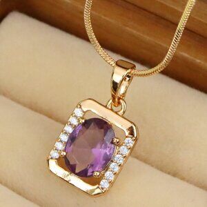 "Rectangular Rose Gold Pendant with Purple Stone and Crystal Accents, XPPT1513